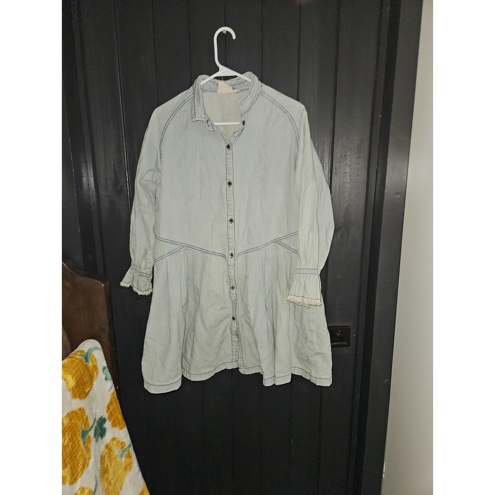 Vintage Denim Dress Coat Light Wash Button Down Long Sleeve Jacket